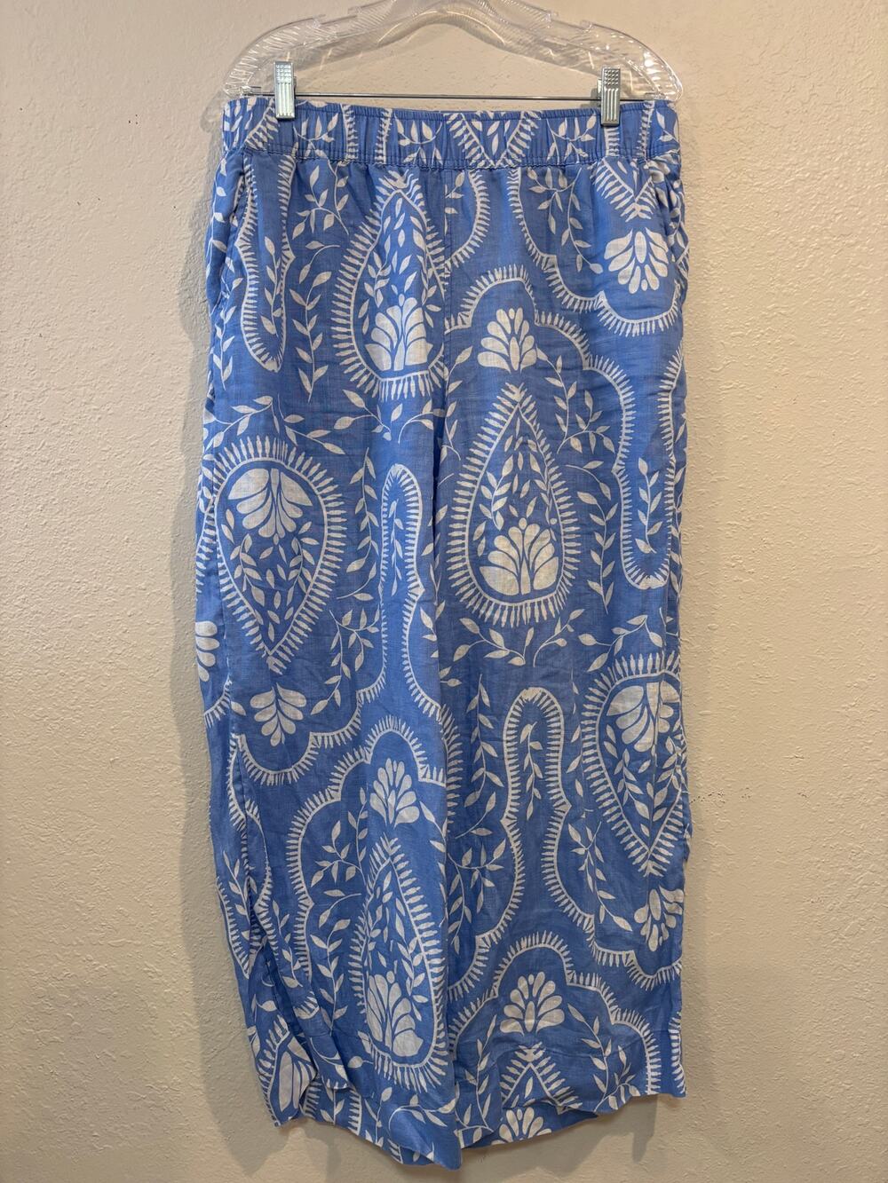 JOIE Linen Crop Pants Size L Blue Floral Coastal